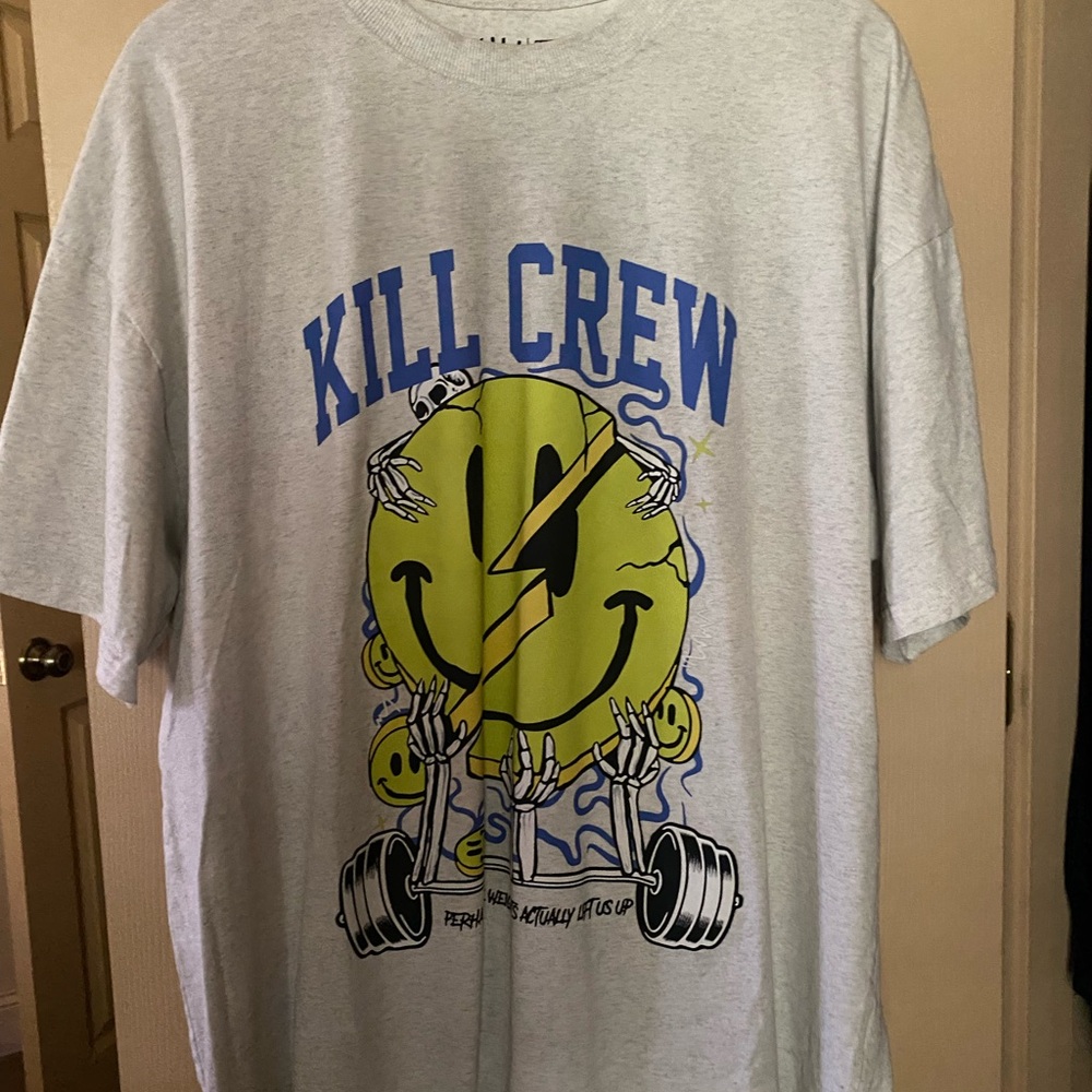 Kill Crew Gray T-Shirt with Blue and Yellow Graphic